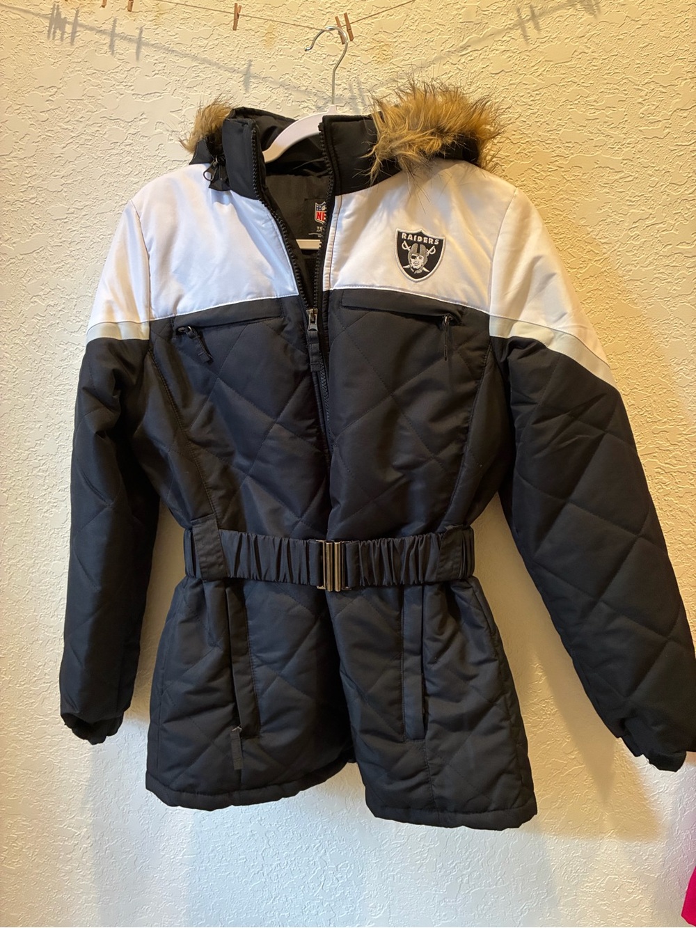 NFL Girls' Black & White Quilted Puffer Coat with Faux Fur Trim